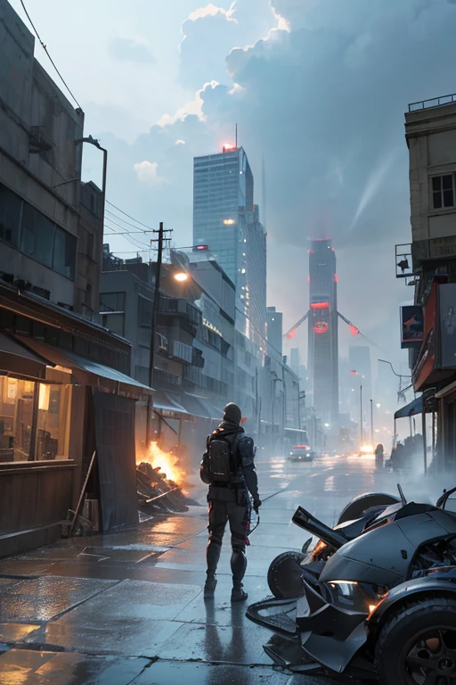 MAN WITH A MISSION,Robot,rain,cloud,coolest,battle scene,realistic,Mobile weapons,{perfection},{high quality},{masterpiece},City in Ruins,sand smoke,dust,Destroy enemy aircraft,war