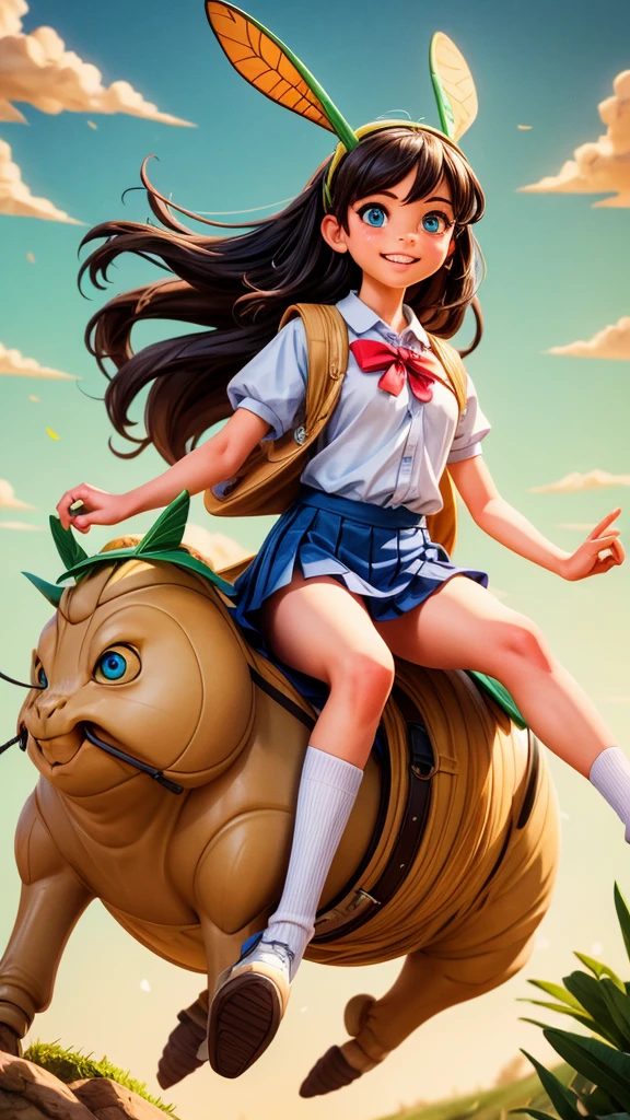 1girl riding on a large grasshopper, flying through the sky, detailed face and eyes, beautiful long hair, school uniform, vibrant colors, fantasy, cinematic lighting, highly detailed, 8k, photorealistic, masterpiece