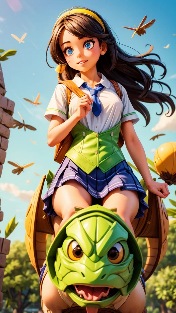 1girl riding on a large grasshopper, flying through the sky, detailed face and eyes, beautiful long hair, school uniform, vibrant colors, fantasy, cinematic lighting, highly detailed, 8k, photorealistic, masterpiece