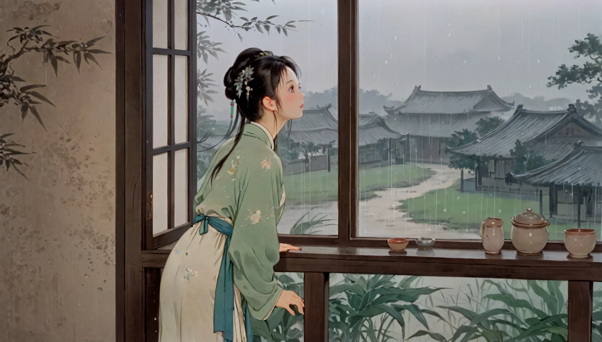 中国人女性，窓に寄りかかって，外で雨を眺める，戻る
