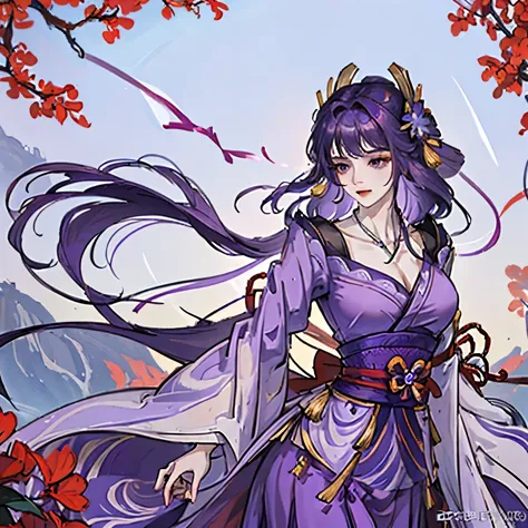 Best quality at best, Ultra-high resolution, (((1 girl))), (Long purple hair), (violet eyes), (Chinese clothes), (((Red Flowers ...