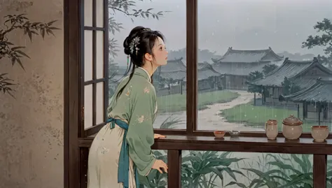 A Chinese woman，Leaning against the window，Watching the rain outside，Back