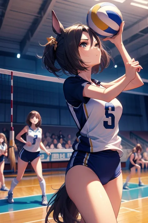 air groove \(umamusume\), volleyball, multiple girls, sportswear, stadium