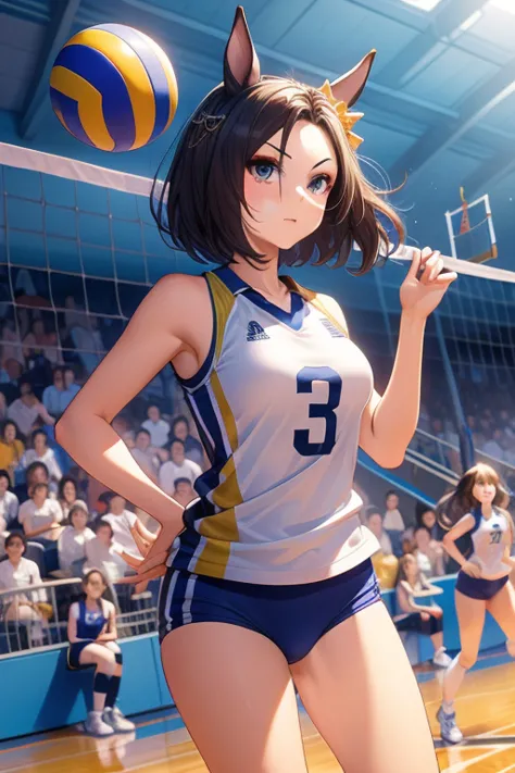 air groove \(umamusume\), volleyball, multiple girls, sportswear, stadium