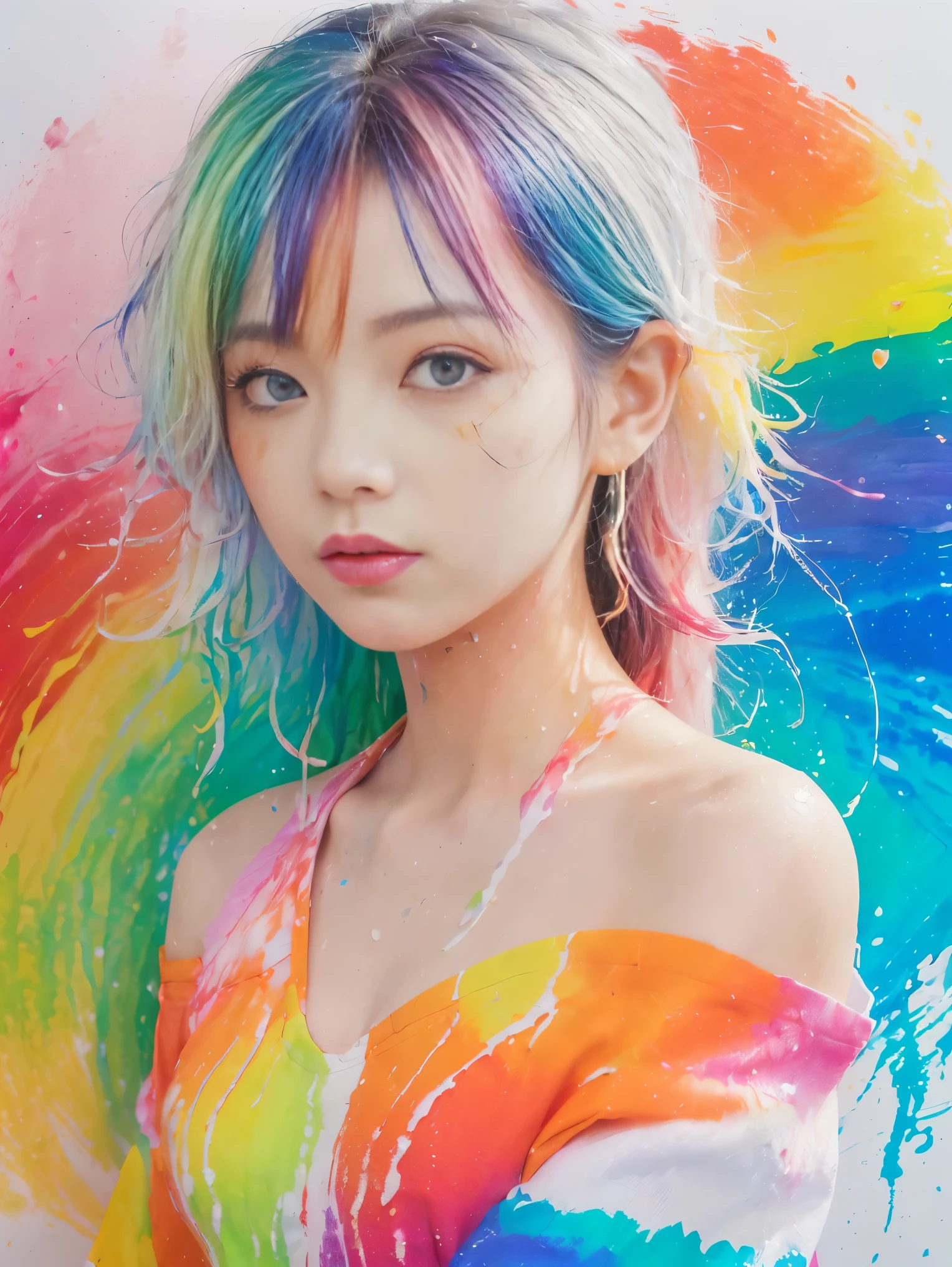 （Pink Fashion T-Shirt：1.9），(colorfulな髪: 1.8), (All the colors of the rainbow: 1.8),(((((vertical painting：1.6))), （painting：1.6），front, comics, figures, paintings, Big eyes, Clear eyes,（ Rainbow gradient high ponytail：1.7）, Exquisite makeup, Mouth closed,(Small Fresh: 1.5),(Wipe the chest: 1.6) ，Long eyelashes, White off-the-shoulder T-shirt,  White shoulder shirt，Looking at the audience, Big teary eyes, (Rainbow Hair：1.6), カラーsplash, （alone：1.8）, カラーsplash, An explosion of colors, thick paint style, Messy Lines, ((The Shining))，(colorful), (colorful), (colorful), colorful, Thick paint Style, (splash) (Color splash), Vertical painting, Upper Body, paint splash, Acrylic Pigments, Slope, paint, Best image quality, highest quality, masterpiece, alone, Depth of written boundary, Face paint,  colorful clothes, (elegant: 1.2), nice,Long Hair, Wind, (elegant: 1.3), (petal: 1.4)，(((masterpiece))),(((highest quality))),((Super detailed)),(figure),(Dynamic Angle),((floating)),(paint),((Disheveled Hair)),(alone),(One girl) , (((Detailed anima face))),((Beautifully detailed face)),collar,Exposing shoulders,Gray Hair, ((colorful hair)),((Striped Hair)),Beautiful fine details,(Slope color eyes),(((colorful eyes))),(((colorful background))),(((High chroma))),(((surrounded by colorful splashes))),