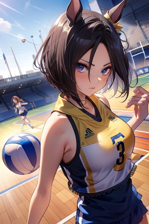 air groove \(umamusume\), volleyball, multiple girls, sportswear, stadium