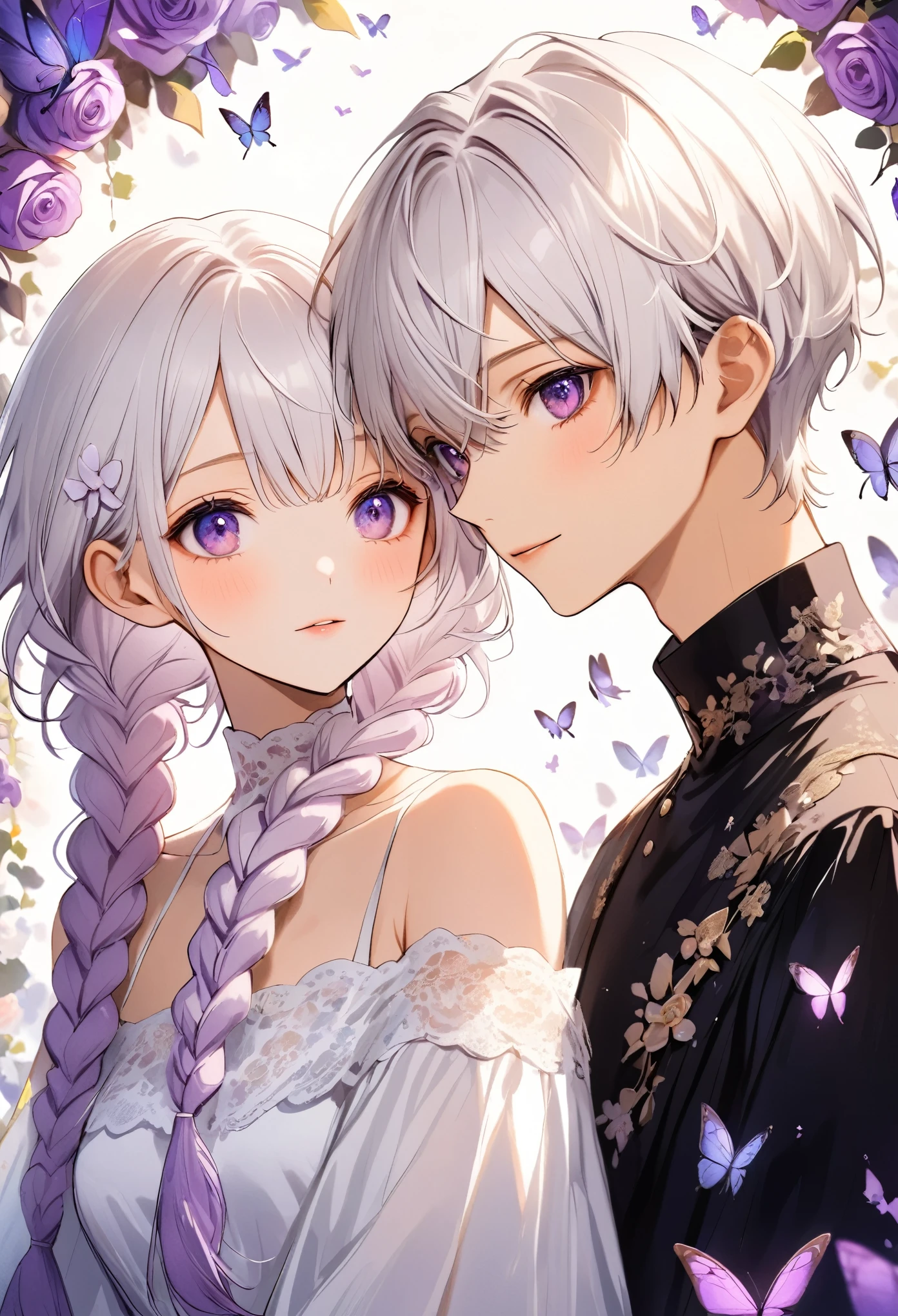 A young couple，Half-length portrait， Purple Eyes，Bright Eyes，(((Girl White Hair - Purple - 2 Long Braids)))，(((Boys short hair)))。High Neck Lace Off-Shoulder Dress，Rose flower wall background，Surrounded by swarms of butterflies，blur background，dream，Aesthetic