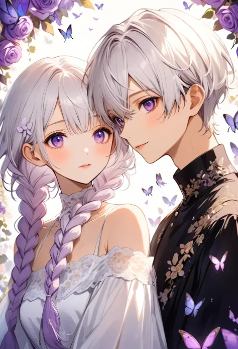 A young couple，Half-length portrait， Purple Eyes，Bright Eyes，(((Girl White Hair - Purple - 2 Long Braids)))，(((Boys short hair))...