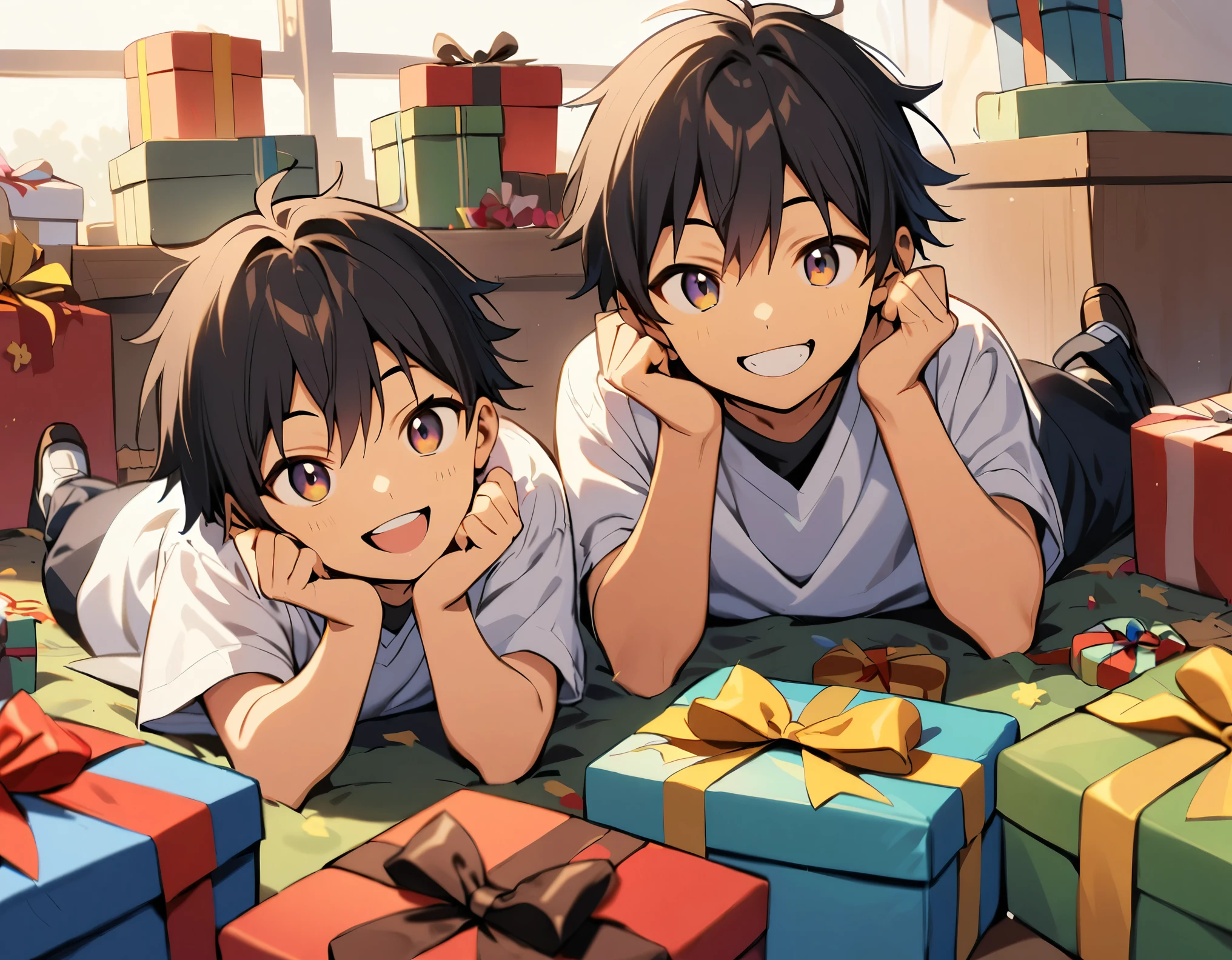 1boy,Black Hair,smile,great joy,hands up,Buried in lots of presents,