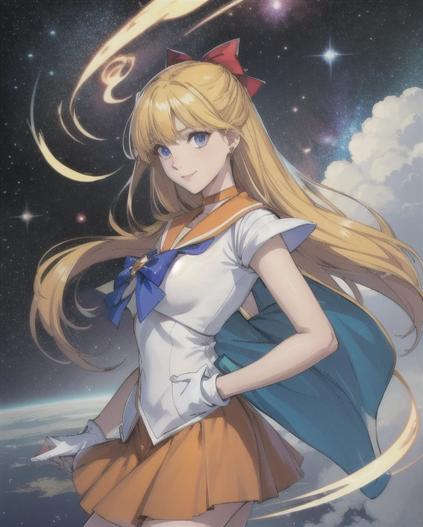 nsfw,((sv1 | Sailor Warrior Uniform | Orange Skirt | Elbow hand pockets | tiara | Orange sailor collar | Red Bow | Orange Choker | White gloves | jewelry | Long Hair | Yellow Hair)), (White and silky skin | Oily skin | Small breasts | Perfect hands | Perfect Arms), (smile | Happy 512 | Good vibes), (Space Background, shooting star, Strong light, Venus, Venus \(planet\), performer, cloud), ((Fee | The magic of light | Spell Magic at Your Fingertips | Style - Swirl Magic)), View Viewer, Cowboy Shot, Dynamic Backgrounds and Angles, Ray Tracing, Exposure Blending, Cinematic Flowers, Deep contrast, Sharp focus, Detailed landscape, Vibrant colors, Realistic, Highly detailed CG Unity 8k wallpaper, High resolution, beautifully、aesthetic, masterpiece, highest quality, Fantasy art, 