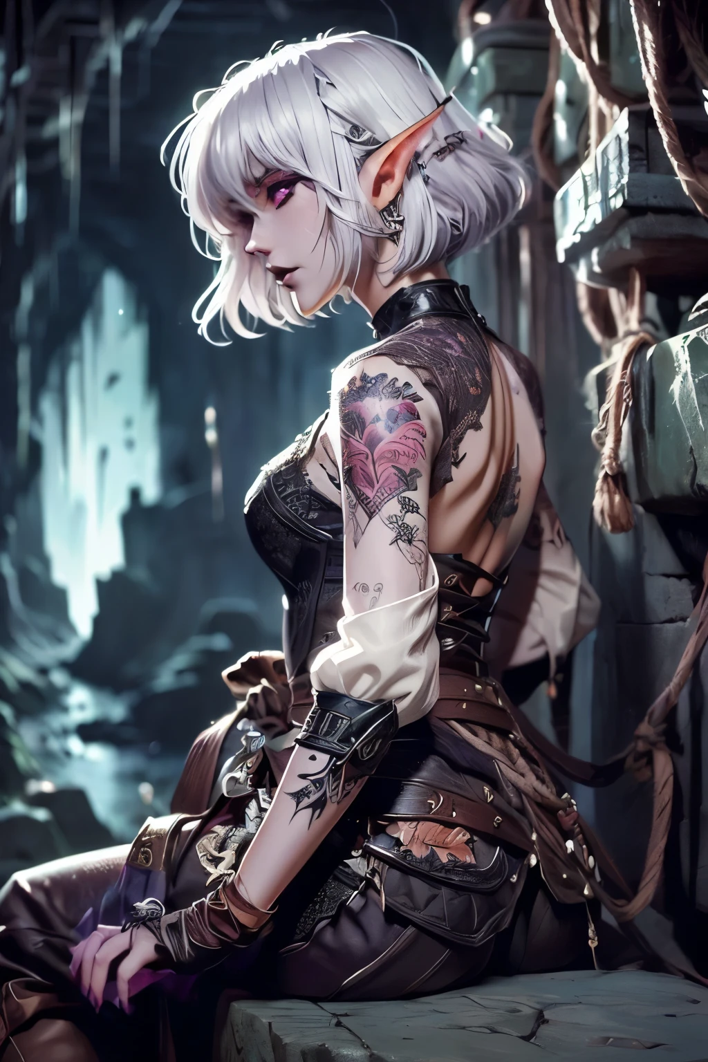 (Ultra-detailed face, looking away:1.2), (Close-up of upper body, tattoo on back:1.3), BREAK (Fantasy Illustration with Gothic & Ukiyo-e & Comic Art), (She has a large crimson lily tattoo in the center of her back), (She is climbing an overhanging cliff with her back to it and holding a rope with her hands), (A middle-aged elf woman with white hair, blunt bangs, bob cut, dark purple skin, lavender eyes), BREAK (She is wearing a lacy leather suit with a wide back opening and knee-high leather boots), BREAK (In the background, a strong wind is blowing, with sheer rocky mountains and lush forests far below)