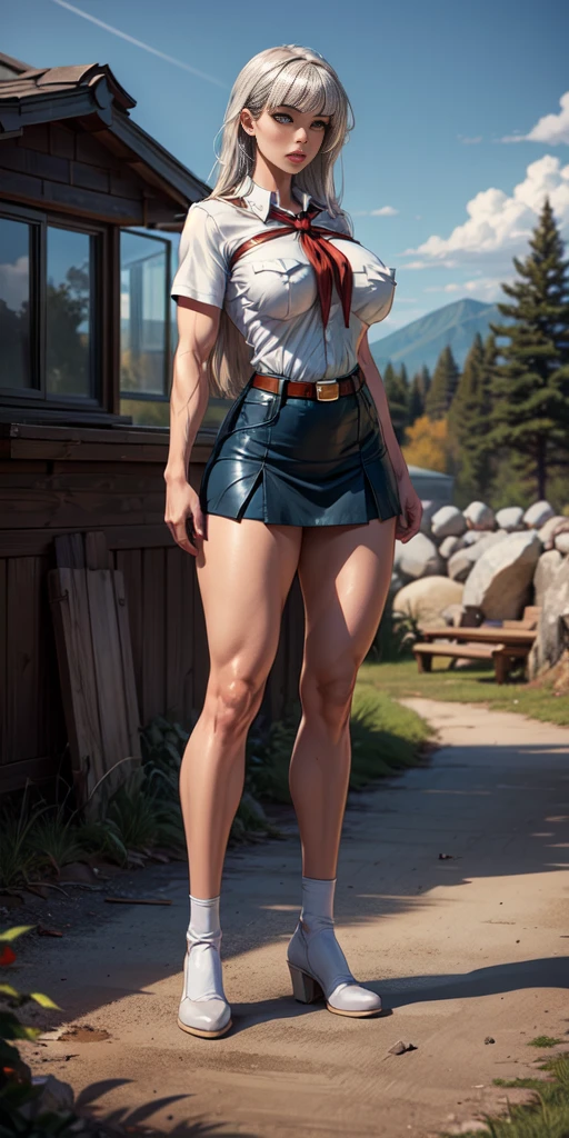 8k, high quality picture, high detailed picture, sunny day, open sky, (full body shot:1.3), tall fit girl, very long straight hair, silver white hair, smooth bangs, perfect brown eyes, neat dark eyebrows, plump lips, pale skin, (muscular girl:1.1), strong heaps, (accurate huge breast:1.2), bursting breast, wide hips, pioneer neckerchief, tight short blue skirt, white shirt, short sleeves, collared shirt, belt, eyelashes, red neckerchief, breast pocket, nipples trough clothes, hands on hips waist