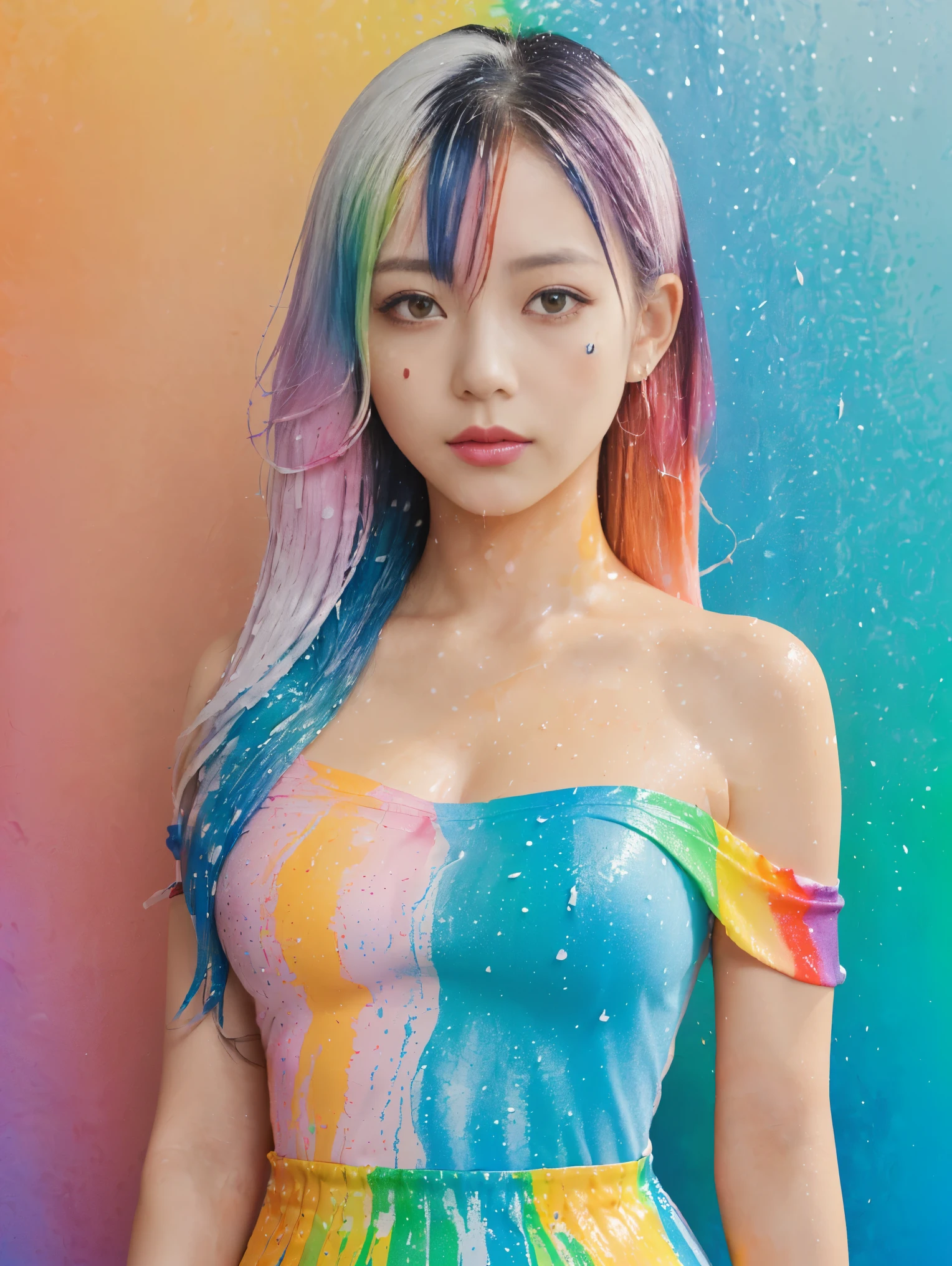 Pink Fashion T-Shirt：1.9），(colorfulな髪: 1.8), (All the colors of the rainbow: 1.8),(((((vertical painting：1.6))), （painting：1.6），front, comics, figures, paintings, Big eyes, Clear eyes,（ Rainbow gradient high ponytail：1.7）, Exquisite makeup, Mouth closed,(Small Fresh: 1.5),(Wipe the chest: 1.6) ，Long eyelashes, White off-the-shoulder T-shirt, White shoulder shirt，Looking at the audience, Big teary eyes, (Rainbow Hair：1.6), カラーsplash, （alone：1.8）, カラーsplash, An explosion of colors, thick paint style, Messy Lines, ((The Shining))，(colorful), (colorful), (colorful), colorful, Thick paint Style, (splash) (Color splash), Vertical painting, Upper Body, paint splash, Acrylic Pigments, Slope, paint, Best image quality, highest quality, masterpiece, alone, Depth of written boundary, Face paint, colorful clothes, (elegant: 1.2), nice,Long Hair, Wind, (elegant: 1.3), (petal: 1.4)，(((masterpiece))),(((highest quality))),((Super detailed)),(figure),(Dynamic Angle),((floating)),(paint),((Disheveled Hair)),(alone),(One girl) , (((Detailed anima face))),((Beautifully detailed face)),collar,Exposing shoulders,Gray Hair, ((colorful hair)),((Striped Hair)),Beautiful fine details,(Slope color eyes),(((colorful eyes))),(((colorful background))),(((High chroma))),(((surrounded by colorful splashes))),