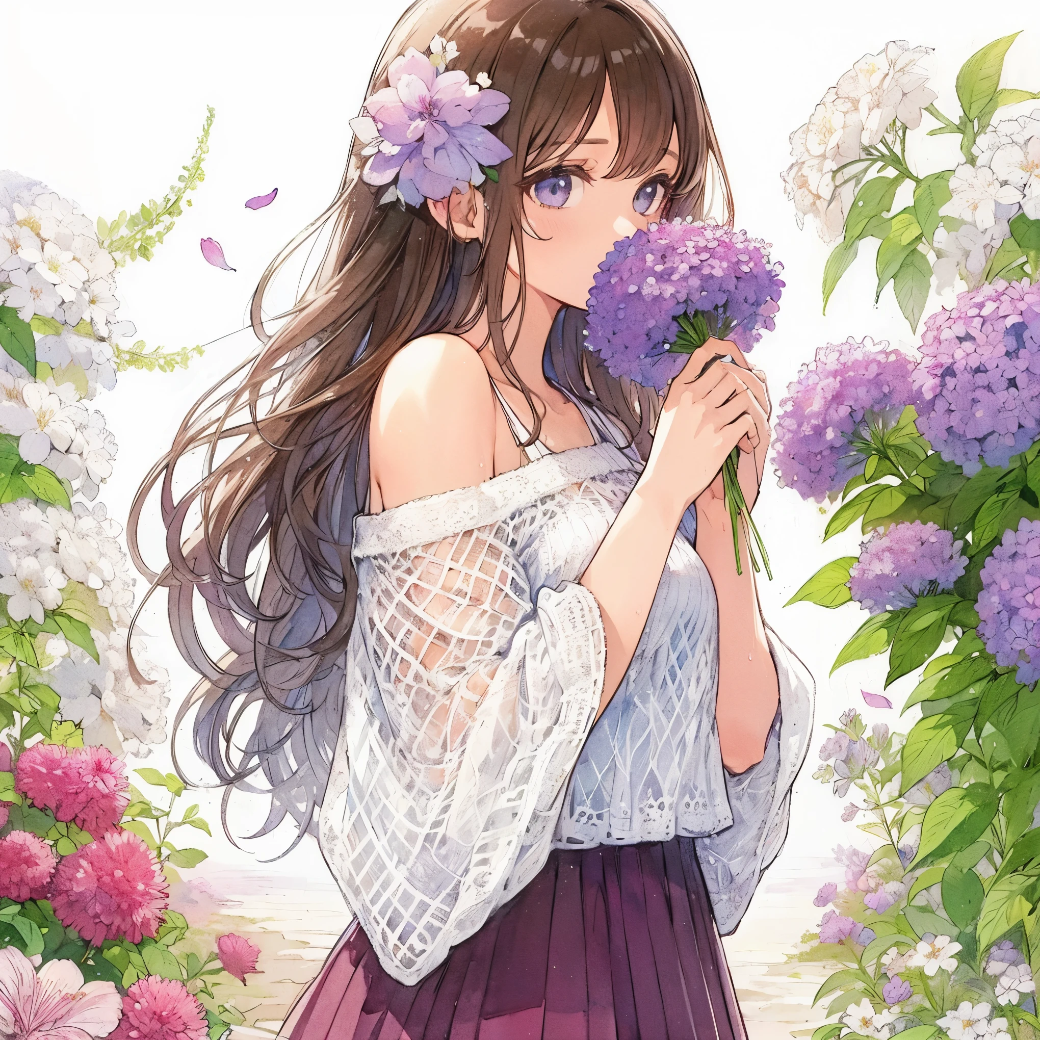 Official art using high-quality hand-drawn watercolor sketch techniques. (best quality,4k,8k,highres,masterpiece:1.2),ultra-detailed,beautiful detailed gray eyes,A girl with beautiful eyes, everyone, beautiful anime girl, cute anime girl, smooth anime art, anime style, elegant colors, soft lighting, delicate beautiful wet eyes, very coquettish, (beautiful large breast:1.2), (correct hands:1.2),