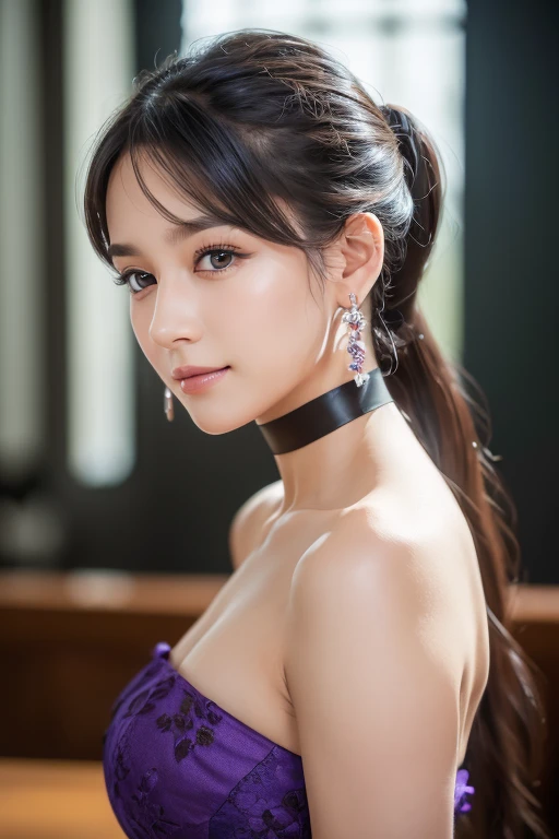  (Tabletop, highest quality, 8k, Official Art, RAW Photos, View Viewer:1.3), Absurd, Violet, Gardenias, Strapless Dress & choker, beautiful girl, Pretty face, Earrings, Black Hair, Film Grain, chromatic aberration, Sharp focus, Face Light, Dynamic Lighting, Cinema Lighting, 超Realistic, High resolution, Highly detailed eyes and face, Sharp pupils, Realistic, (European Castles),24-years-old、ponytail、seductive smile、turn around、Back view、the back is wide open