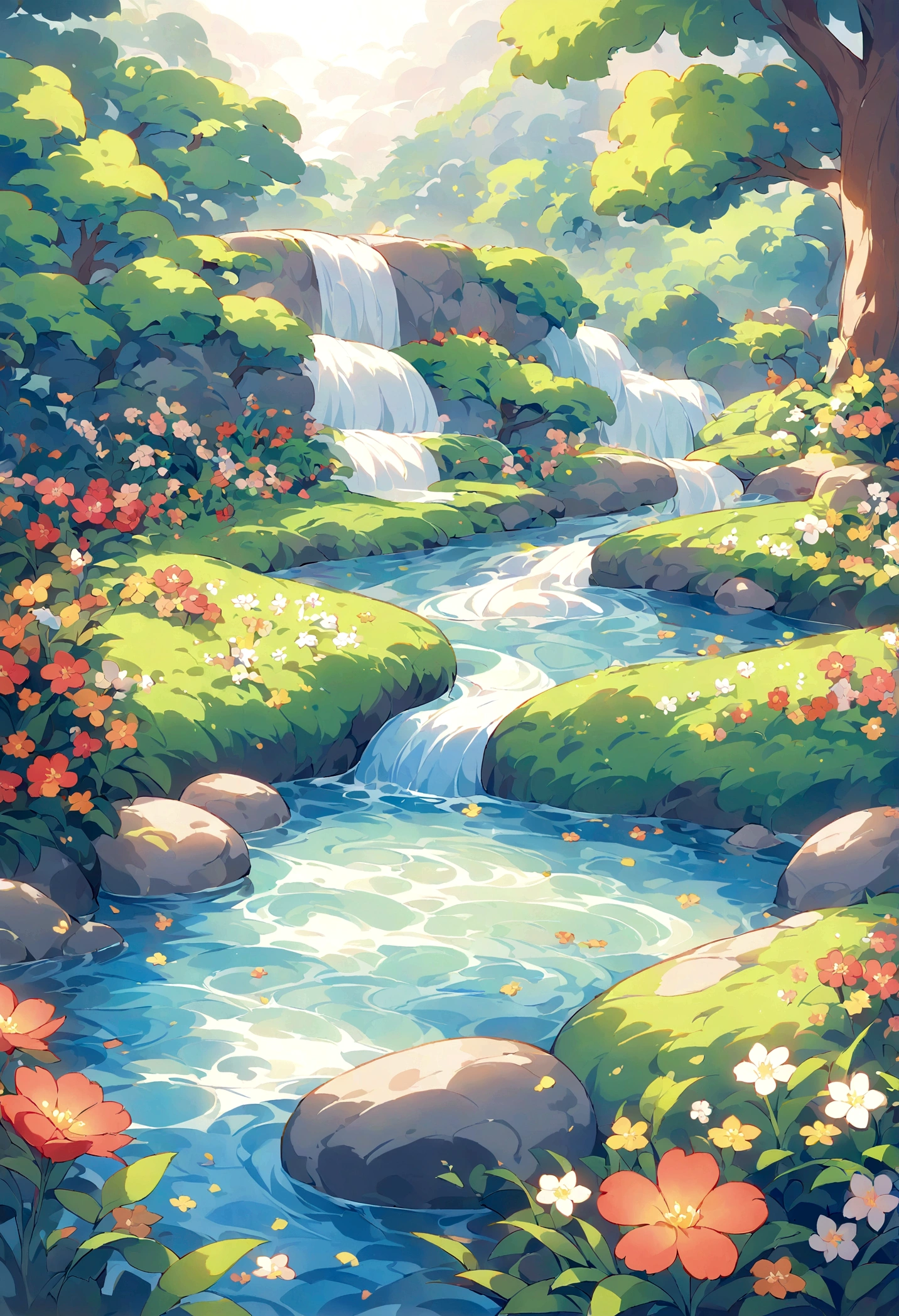 Pixelart genera imágenes hermosas y tranquilas de jardines, Hay flores de colores, Corriente suave, y los sonidos de la naturaleza. Mostrar tranquilidad, vida, y la belleza de un día perfecto.