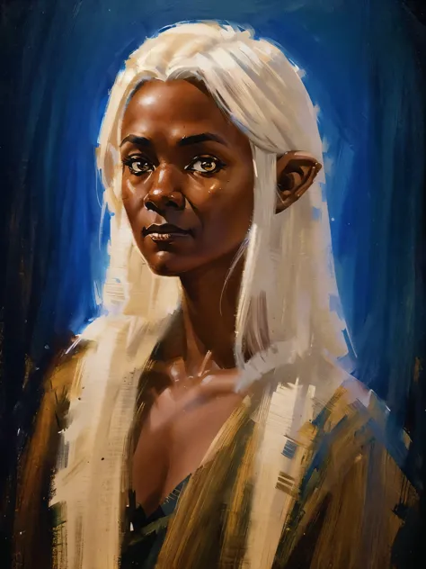 1woman, beautiful wood elf, dark skin, white hair, luminous golden eyes, young adult, 25 years old, white background, dnd art, d...