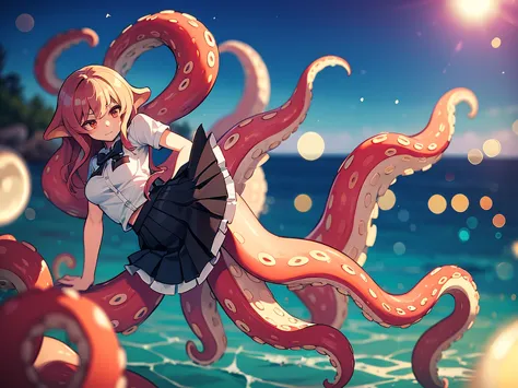 Hallucination, daydream , Bokeh , sea side , (Scylla in a skirt:1.2) , octopus legs girl