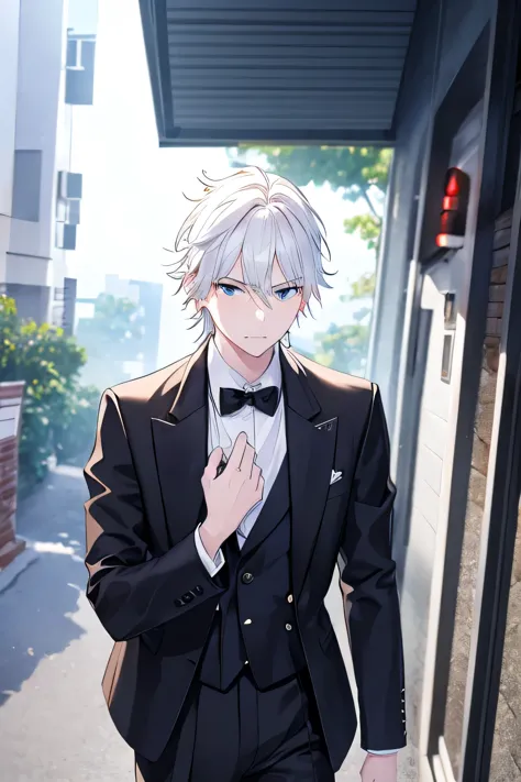 The white-haired boy touching the back of his head, wearing black suit, Upper body, Stand on the streets of the ancient town, Ba...
