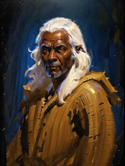 1man, handsome wood elf, dark skin, white hair, luminous golden eyes, adult, 30 years old, white background, dnd art, dnd charac...