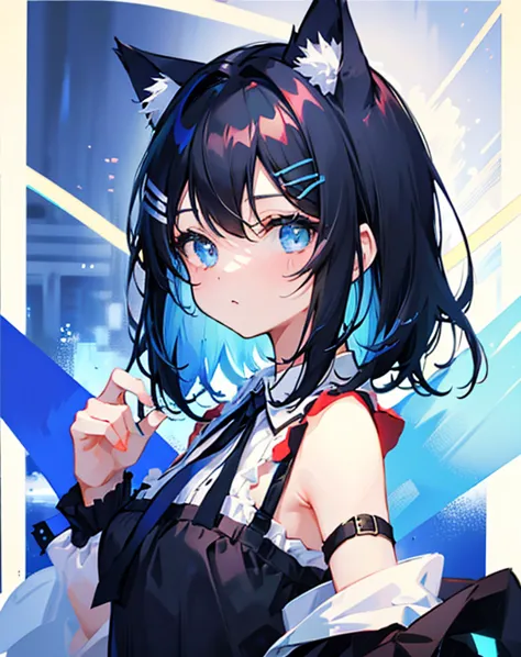 Cat ear , girl , cute , bluish black hair , Blue inner color , 