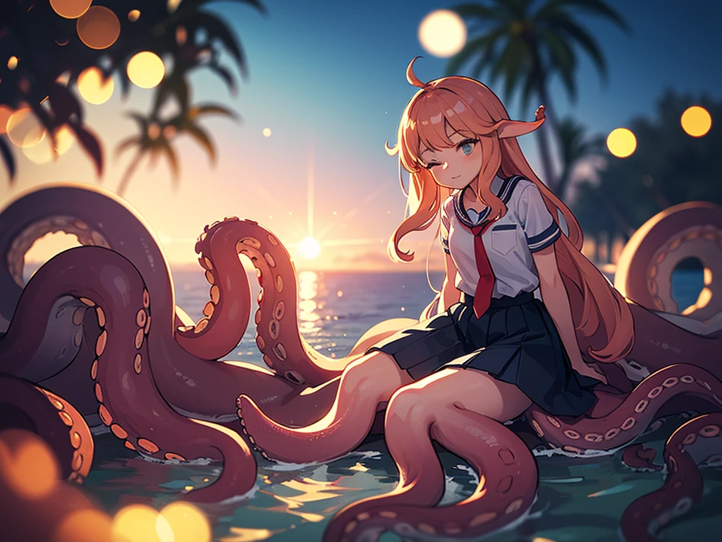 Hallucination, daydream , Bokeh , sea side , (Scylla in a skirt:1.2) , octopus legs girl