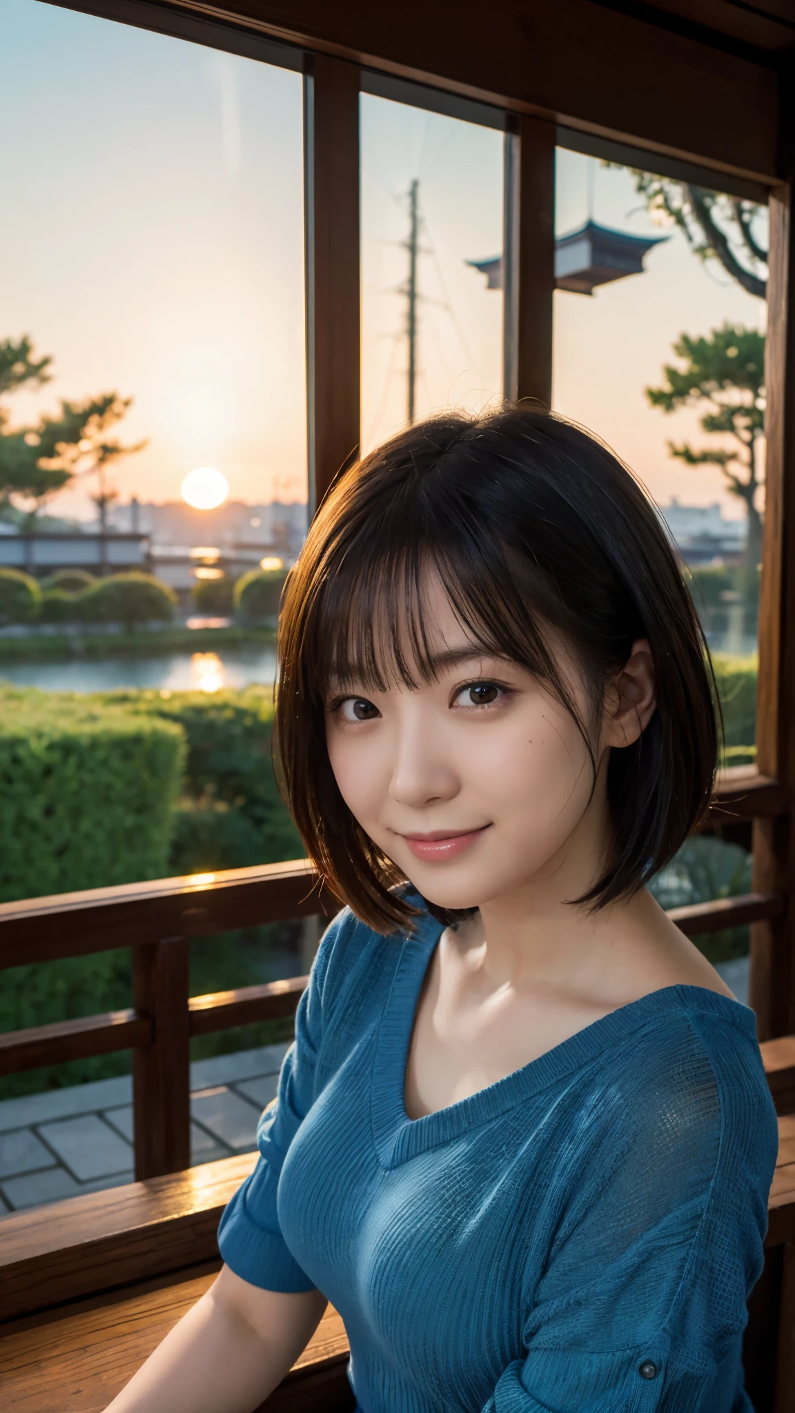 (highest quality,masterpiece:1.3,Ultra-high resolution),(Super detailed,Caustics,8k), (Photorealistic:1.4, RAW shooting),dusk,Sunset sky,Inside the Japan house,Japanese,20-year-old,smile,Black Hair Middle Hair,(Blue short-sleeved summer knit),Big Breasts,Bust up shot,Natural light,(High Position),(High angle)