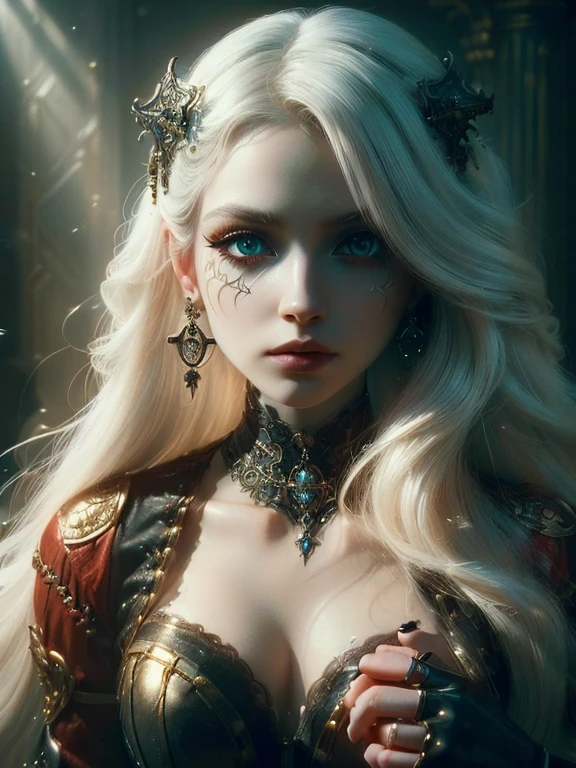 (((medium full shot))), (Masterpiece, photorealistic, photorealism, best quality, ultra-detailed:1.3), (nice hands, perfect hands), official art, cinematic light, (1girl:1.3), adult, solo, very long hair, white hair, red eyes, light skin, eyes glowing, gothic armor, jewelry, earrings, hair decoration, eye makeup, 