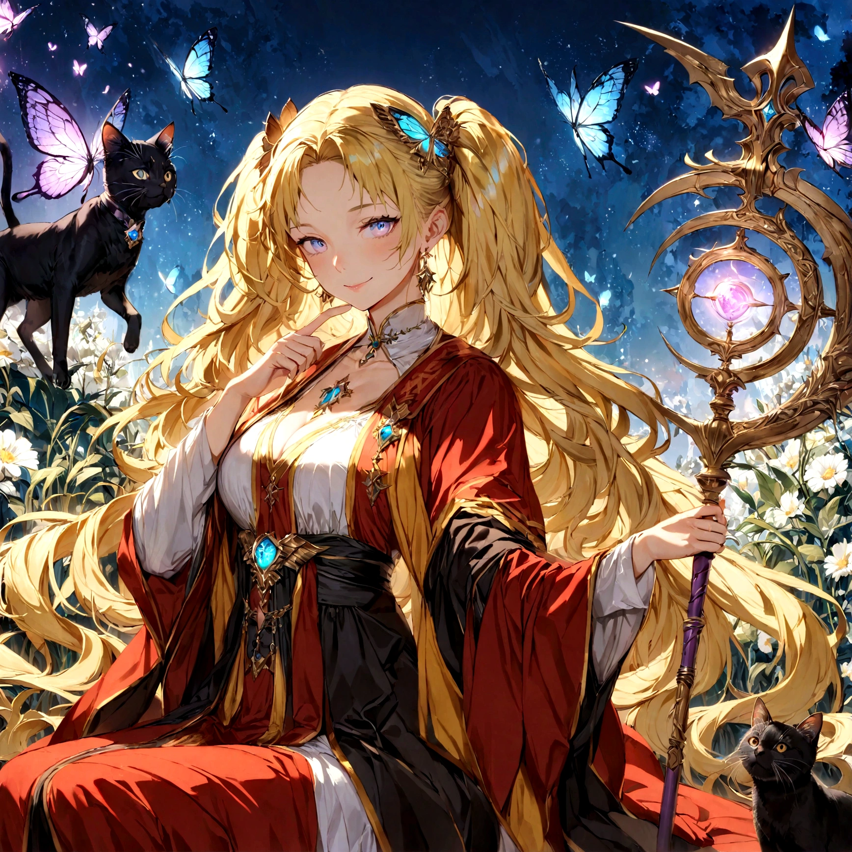 (absurdress, hight resolution, overdetalization), 1 girl , 16 year old , student at Hogwarts , long twintails yellow blond hair , bang ,white glasses , butterfly crown , blues glow eyes , wavy long smooth hair, beautiful detailed face , earrings , sitting in a field of green plants and flowers , her hand under her chin , stunning and gorgeous mature woman , warm lighting, wearing a Hogwarts uniform purple color , witch, fantasy, magic, casting spells , blurry foreground , black cat , Aura float deep purple glow diamond butterfly around , magic effect , Magic Staff , Vision Casting, Philosophical, Iconography, Popularity, an artistic, by Alphonse Mucha, sexuality , smile