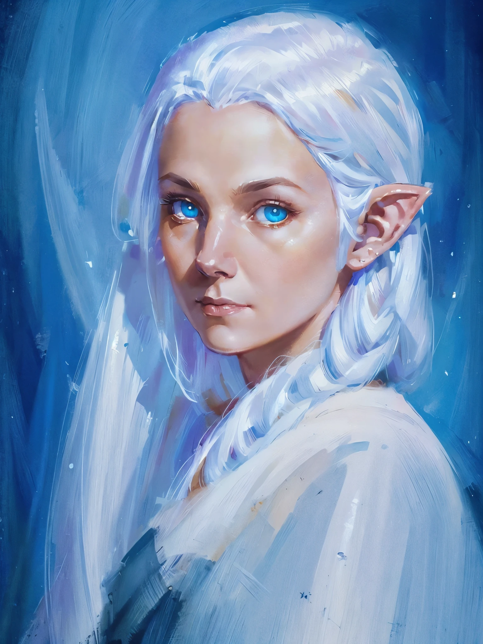 1woman, high elf, pointy ears, pale skin, white hair, glowing eyes, young adult, 20 years old, white background, DnD art, DnD character art, dungeon and dragons, close-up portrait, front view, id photo style