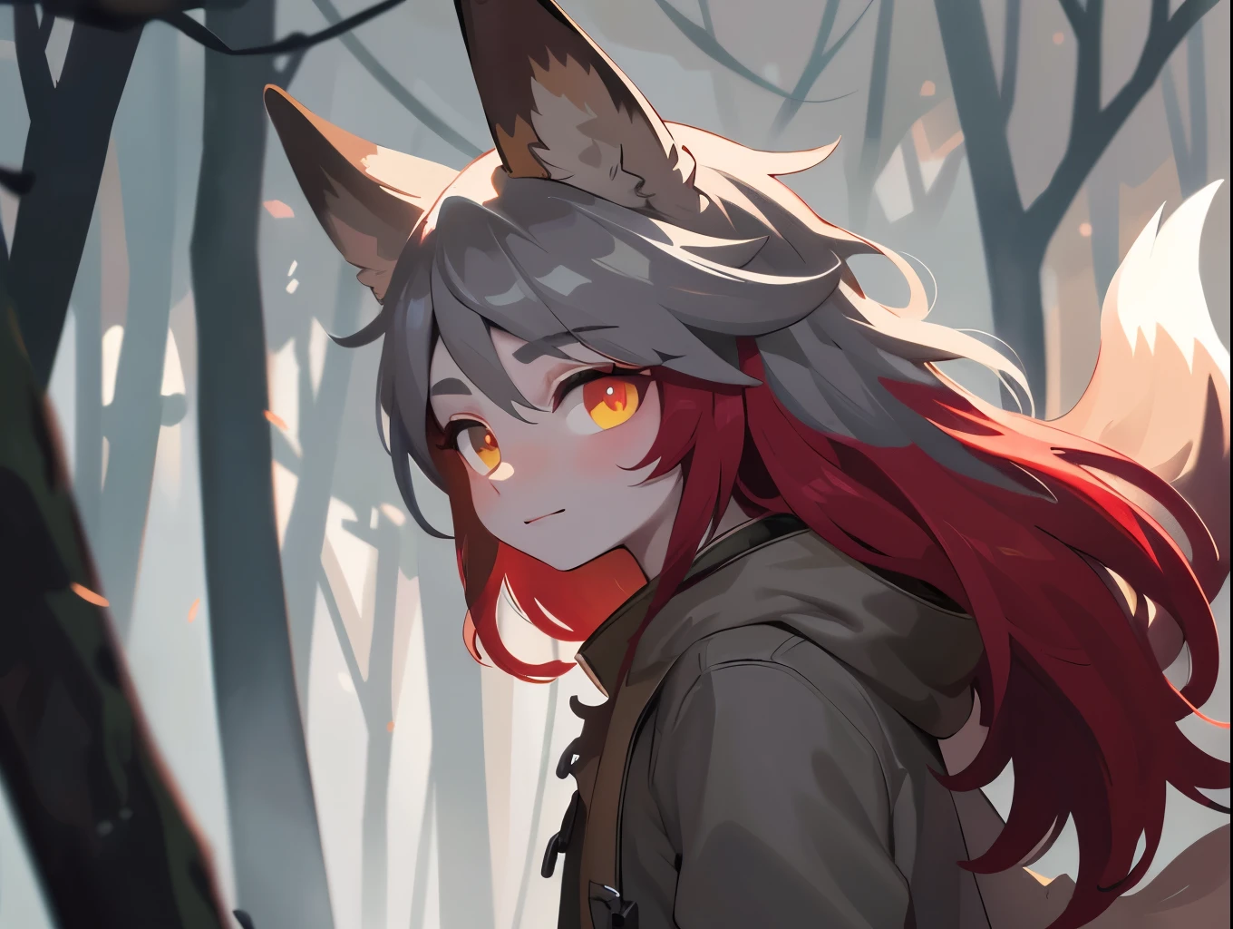 (best quality,4k,8k,highres,masterpiece:1.2),ultra-detailed,(realistic,photorealistic,photo-realistic:1.37),1boy,solo,red hair,long hair,heterochromia,green eye,yellow eye,(Grey coat:1.5),fox ears,fox tail,enchanted forest background,soft lighting,detailed facial features,intricate character design,mystical atmosphere,glowing eyes,beautiful colors,magical realism,fantasy art
