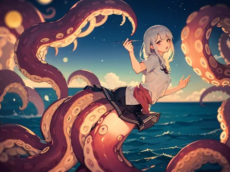 Hallucination, daydream , Bokeh , sea side , (Scylla in a skirt:1.2) , octopus legs girl , Eat with lower mouth