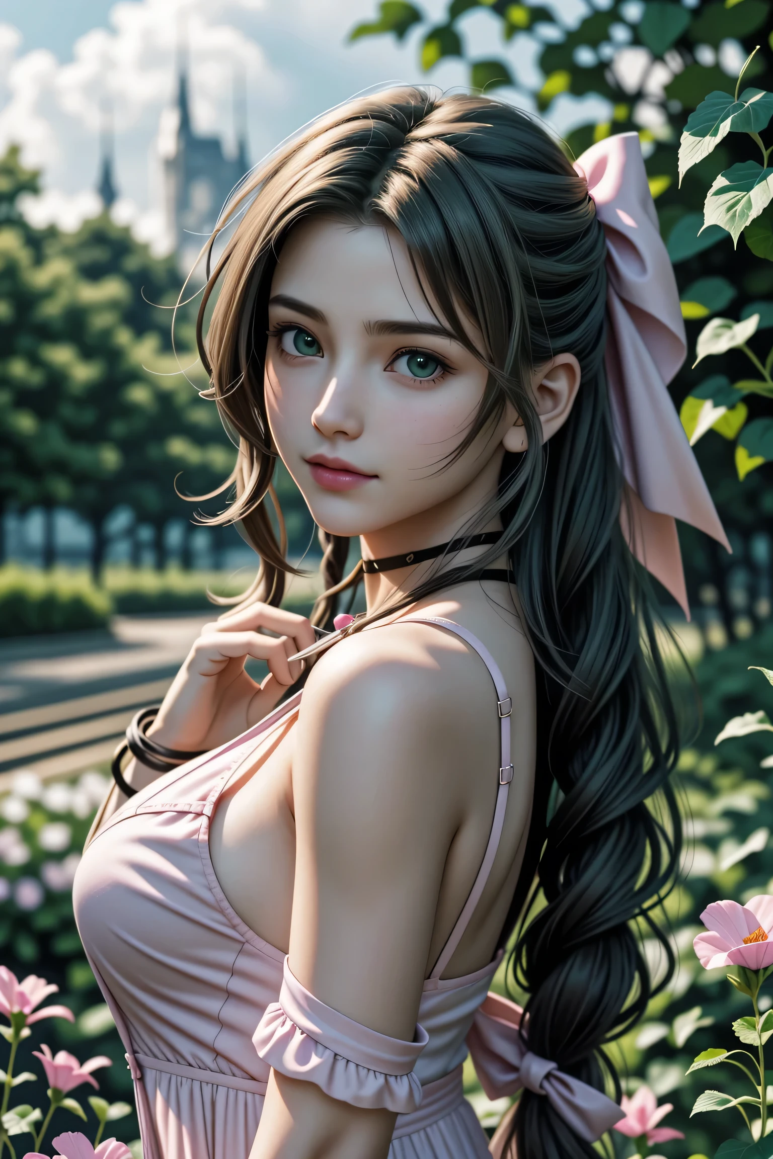(masterpiece, 最high quality)
Aeris FF7, 1 Girl, alone, Long Hair, bangs, Brown Hair, dress, bow, ribbon, jewelry, Closed Mouth, Green Eyes, Red jacket, hair pink ribbon, Upper Body, Braid, hair bow, Side Lock, choker, necklace, lips, parted bangs, pink bow, Portraiture, Pink dress,  Photorealistic,Ultra HD,high quality,masterpiece,Digital SLR,Detailed details,Intricate details,Anatomical basis,Depicted in detail,A detailed face,Realistic skin texture,Vivid details,Perfect Anatomy,Perfect Anatomy,Anatomically correct hand,Anatomically correct fingers,Super Detail,Complex 3D rendering,Huge ,Sexy pose,Beautiful morning glory(flower),Rainy Sky,Beautiful scenery,Fantastic rainy sky,Picturesque,Pink Lips,smile,Fantastic butterflies々,
