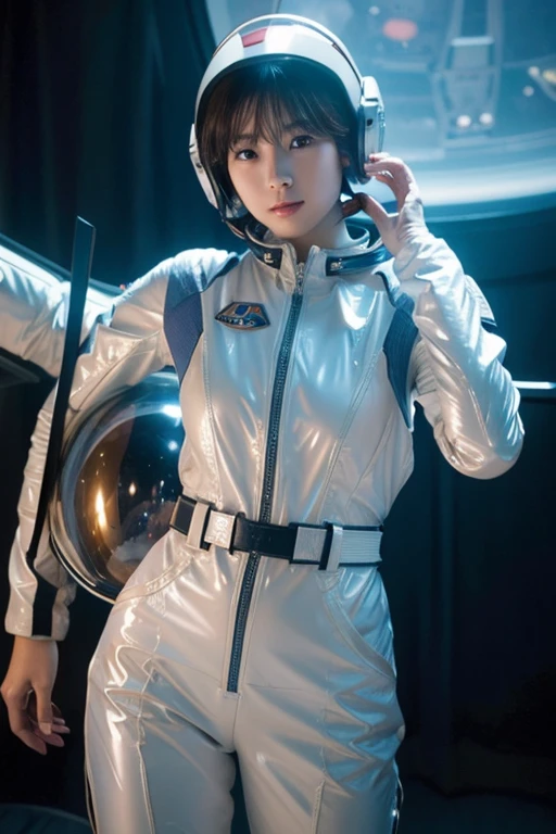 Beautiful woman、A space suit that fits perfectly、Hangar、Plump、Zero gravity space、Gundam、Normal Suit、Photorealistic、Masterpiece、4K resolution、Shiny latex、Hold the helmet in your right hand、belt、short hair、Inside the spaceship、Adult women、NCO、