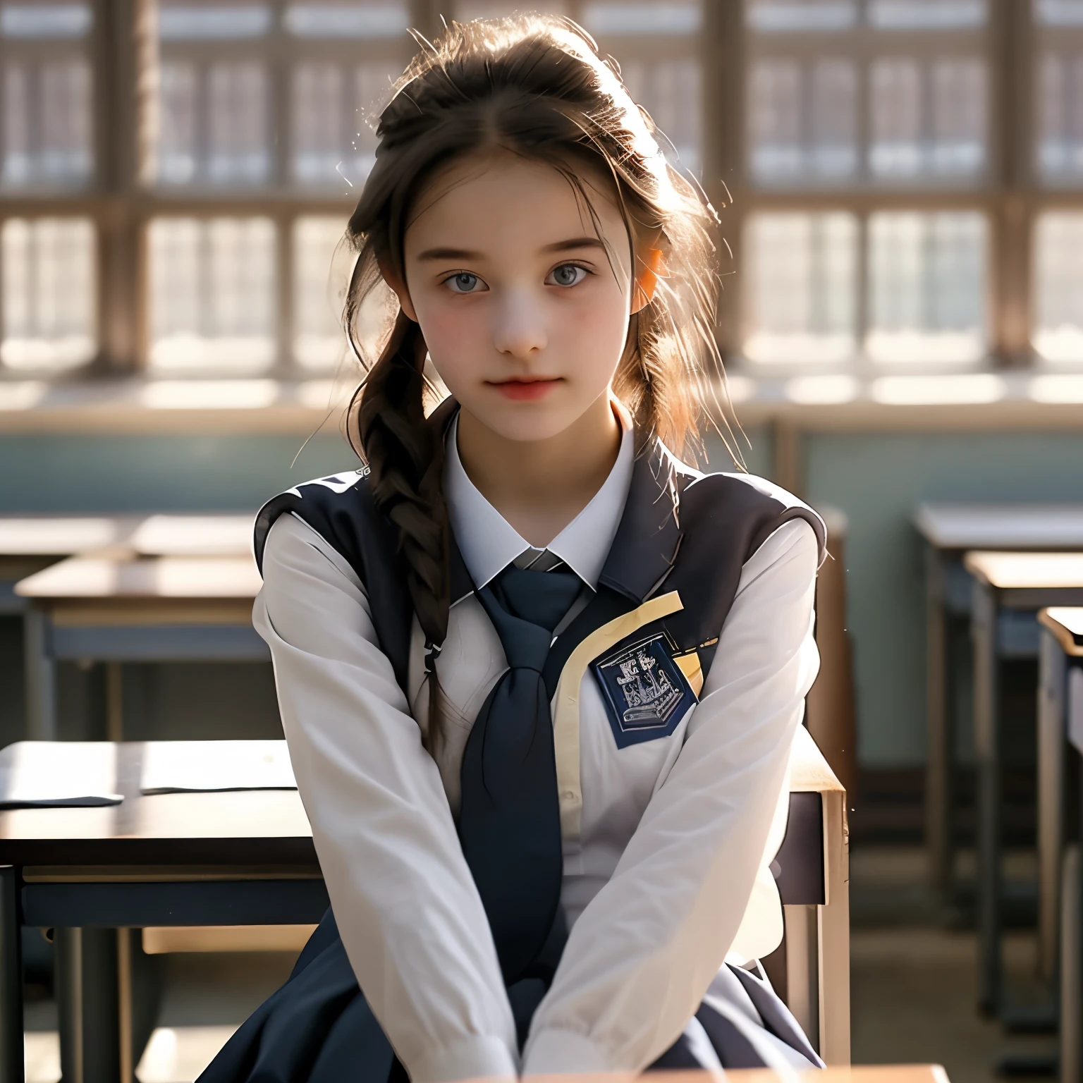 a girl in a school uniform sitting alone at a school desk, looking directly at the viewer, nanotech enhanced, masterpiece, best quality, 1girl, school uniform, school desk, solo, 