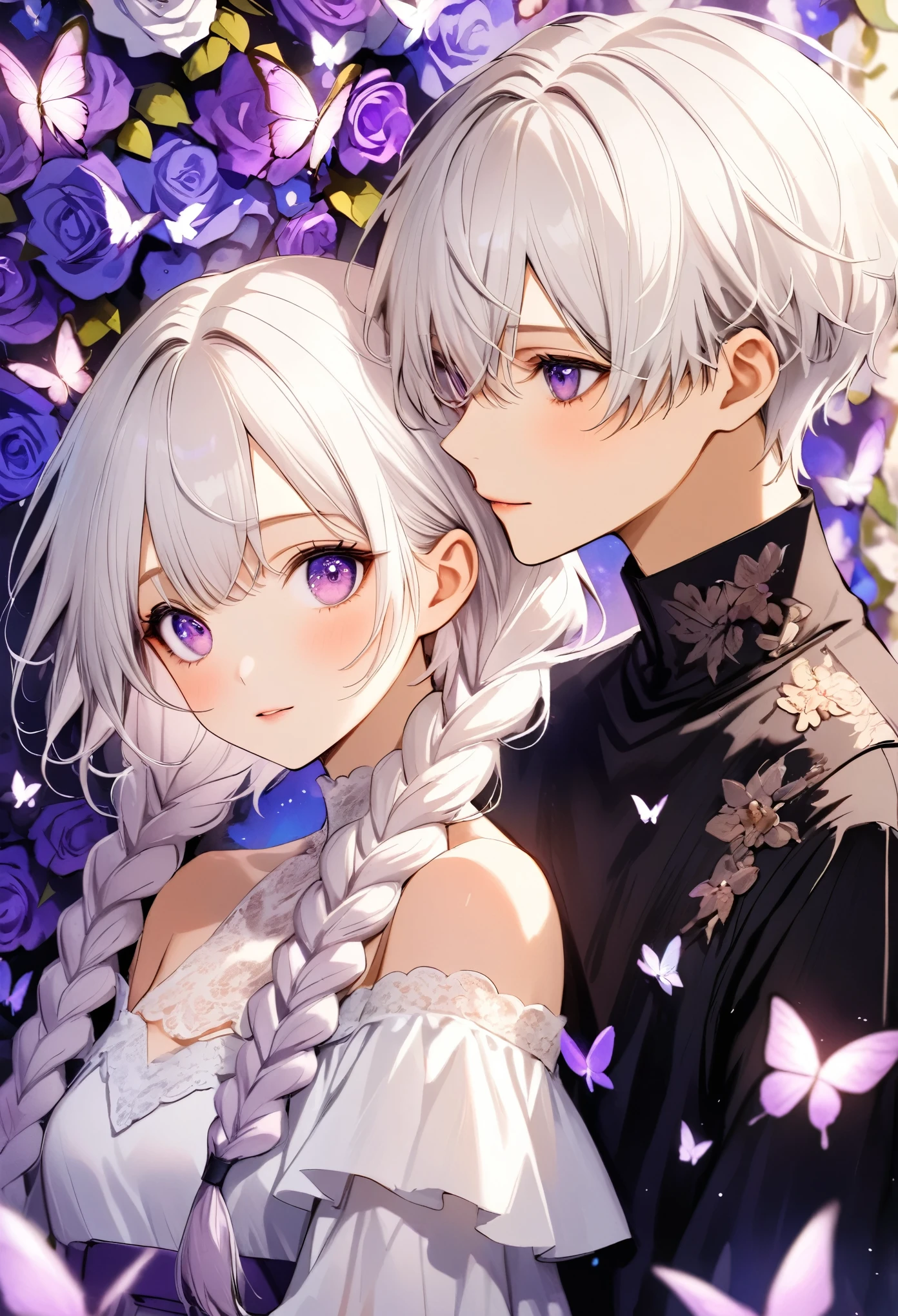 A young couple，Half-length portrait， Purple Eyes，Bright Eyes，(((Girl White Hair - Purple - 2 Long Braids)))，(((Boys short hair)))。High Neck Lace Off-Shoulder Dress，Rose flower wall background，Surrounded by swarms of butterflies，blur background，dream，Aesthetic