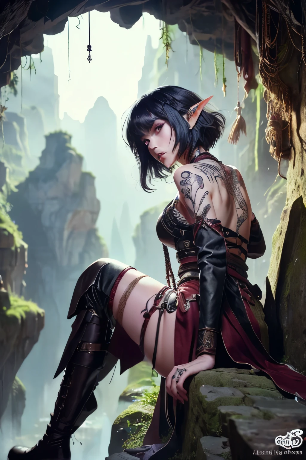 (Ultra-detailed face, looking away:1.2), (Close-up of upper body, tattoo on back:1.3), BREAK (Fantasy Illustration with Gothic & Ukiyo-e & Comic Art), (She has a large crimson lily tattoo in the center of her back), (She is climbing an overhanging cliff with her back to it and holding a rope with her hands), (A middle-aged elf woman with white hair, blunt bangs, bob cut, dark purple skin, lavender eyes), BREAK (She is wearing a lacy leather suit with a wide back opening and knee-high leather boots), BREAK (In the background, a strong wind is blowing, with sheer rocky mountains and lush forests far below)