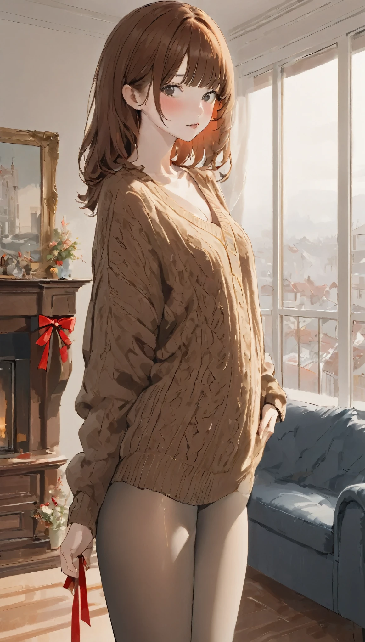 Anime girl in a sweater and tight pants standing in a living room SeaArt AI