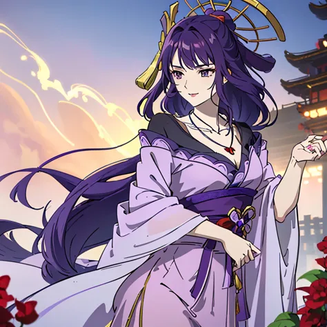 Best quality at best, Ultra-high resolution, (((1 girl))), (Long purple hair), (violet eyes), (Chinese clothes), (((Red Flowers ...