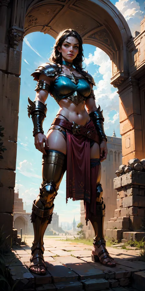 full body whole body 1sologirl loincloth standing warrior proud expression, hands on hips, loincloth standing, hands on hips, me...