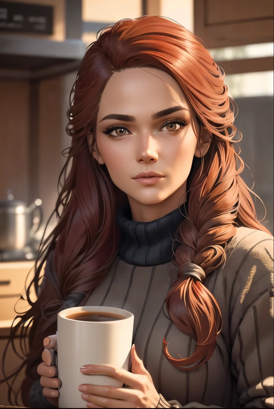 closeup, portrait, LeannaDecker, ((wearing sweater)), inside, portrait, kitchen, holding coffee mug, winter fire, eyes open, best quality, upper body, by lee jeffries nikon d850 film stock photograph 4 kodak 400 camera f1.6 lens rich colors hyper realistic lifelike texture natural lighting unreal engine trending on artstation cinestill 800, (100mm lens), long hair,, red hair 