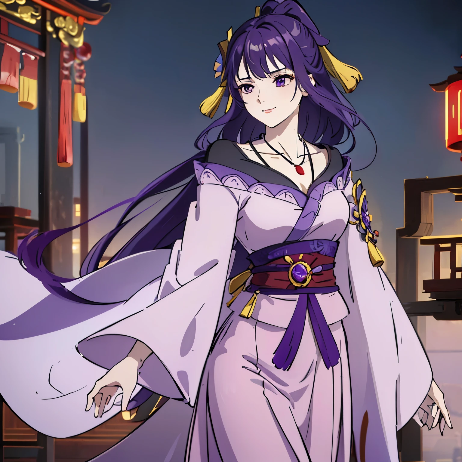 Best quality at best, Ultra-high resolution, (((1 girl))), (Long purple hair), (violet eyes), (Chinese clothes), (((Red Flowers necklace around her neck))), (Ultra Long Skirt), Smile, Hanfu, Yarn, Flowing light yarn, jewelry, (focal), (((Colorful))), particle fx , tmasterpiece, Best quality at best, beautiful painted, meticuloso, highly detailed, (tmasterpiece, Best quality at best） CG unified 8K wallpaper，(( Chinese mansion)), tmasterpiece，Best quality，ultra - detailed）, Super HD picture quality