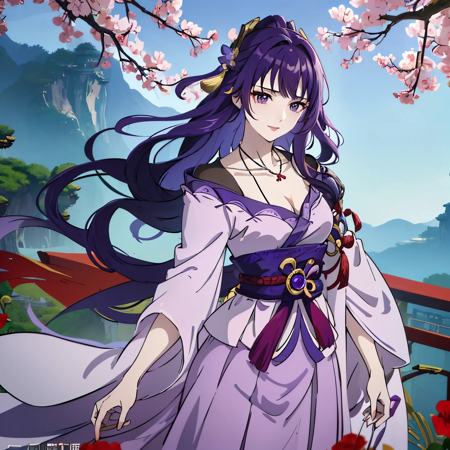 Best quality at best, Ultra-high resolution, (((1 girl))), (Long purple hair), (violet eyes), (Chinese clothes), (((Red Flowers necklace around her neck))), (Ultra Long Skirt), Smile, Hanfu, Yarn, Flowing light yarn, jewelry, (focal), (((Colorful))), particle fx , tmasterpiece, Best quality at best, beautiful painted, meticuloso, highly detailed, (tmasterpiece, Best quality at best） CG unified 8K wallpaper，(( Chinese Landscape)), tmasterpiece，Best quality，ultra - detailed）, Super HD picture quality