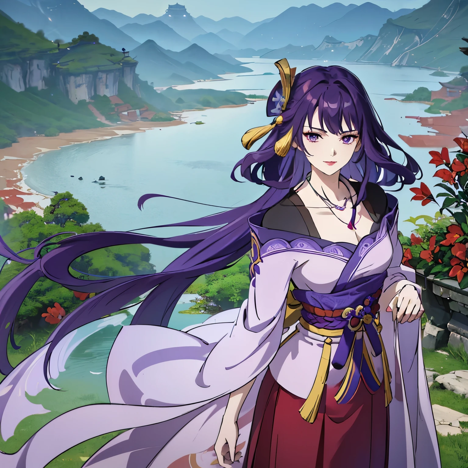 Best quality at best, Ultra-high resolution, (((1 girl))), (Long purple hair), (violet eyes), (Chinese clothes), (((Red Flowers necklace around her neck))), (Ultra Long Skirt), Smile, Hanfu, Yarn, Flowing light yarn, jewelry, (focal), (((Colorful))), particle fx , tmasterpiece, Best quality at best, beautiful painted, meticuloso, highly detailed, (tmasterpiece, Best quality at best） CG unified 8K wallpaper，(( Chinese Landscape)), tmasterpiece，Best quality，ultra - detailed）, Super HD picture quality