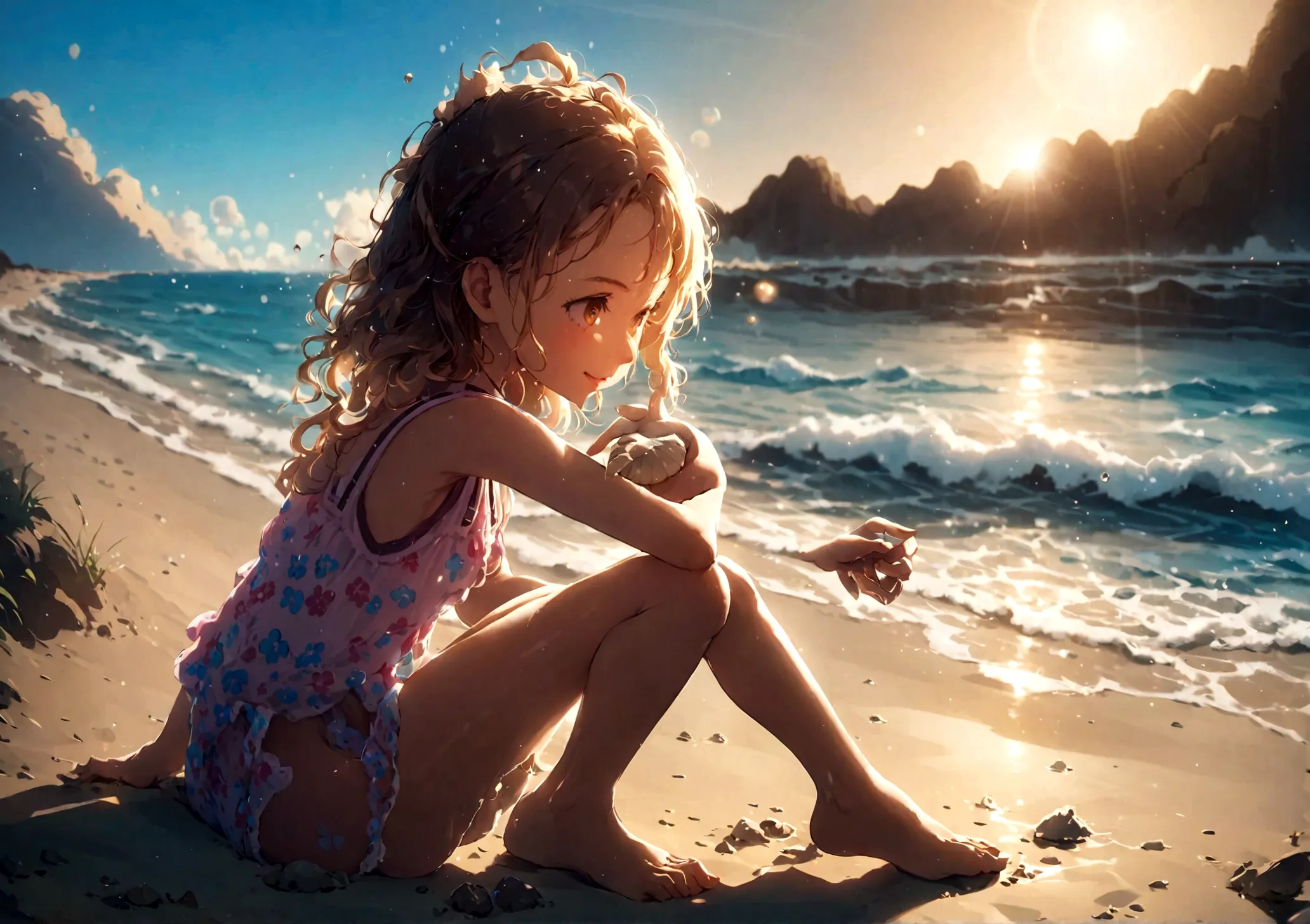 Beach，Sunlight，A little girl，Look at the shell in your hand，