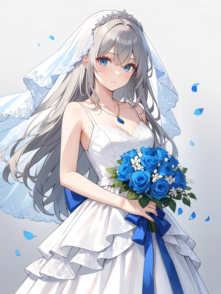 (((Best quality))),((Ultra-detailed)),((illustration)),((Disheveled hair)),((frilld)),(1 girl),(Solo),1girl, 1girl, blue bow, blue eyes, blue flower, blue ribbon, blue rose, bouquet, breasts, dress, flower, gradient, gradient background, grey background, jewelry, long hair, necklace, petals, rose, solo, veil, wedding dress, white dress, lexington \(warship girls r\), gray hair, long dress, full body,