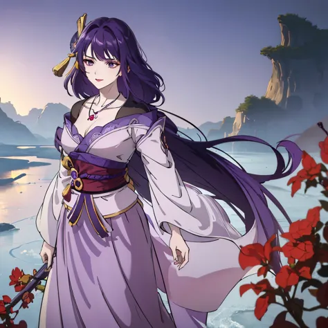 Best quality at best, Ultra-high resolution, (((1 girl))), (Long purple hair), (violet eyes), (Chinese clothes), (((Red Flowers ...