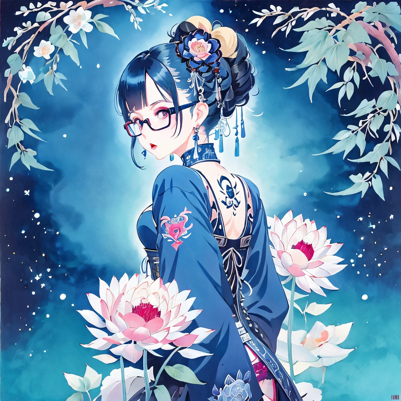 Mizuno Junko anime illustration, 1 Girl, Glasses girl, Surprised face, surprise, pastel Gothic, From the back, looking back at the viewer, Catholic Punk Aesthetic Art, gloved hand, mature Gothic woman in a fusion of Mediterranean-inspired Gothic punk fashion, Glasses, dark, Gothic. red gloves, Corset, Bare back, ((Tattoo, Blending traditional Mediterranean motifs with punk-inspired details)), Emphasis on a unique combination of styles, Heavy makeup, earrings, Kawaii Technology, Doll Skills, Red Cliff, ,大Eye,Eye,，Ink style