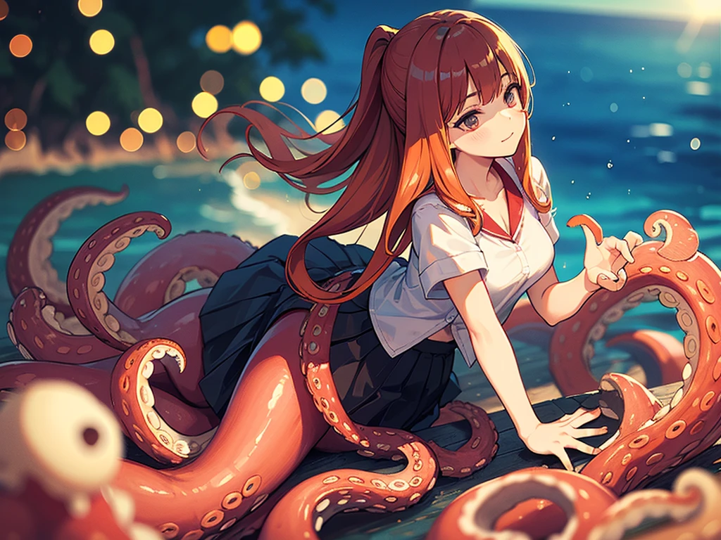 Hallucination, daydream , Bokeh , sea side , (Scylla in a skirt:1.2) , octopus legs girl , lunch time