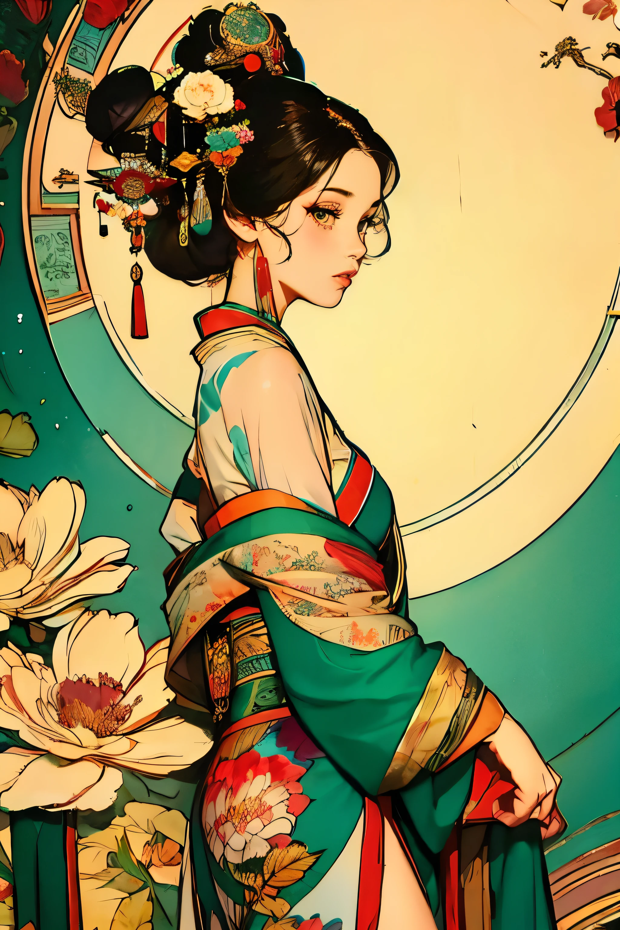 ((Masterpiece)), (Best Quality), (Cinematic), ((side portrait)), graceful upper body shot, golden yellow circle behind her head, Art Nouveau Painting,1girl, small breasts, moon goddess dressed in dark turquoise kimono dress with big flower prints, Big eyes, long, thick eyelashes, heels, 's full lips, emerald green eyes, black long hair is thick,floral headpiece, hanfu , fittings, art deco linework and watercolor background with 3d peonies in magenta, intricate designs and patterns in the style of Alphonse Mucha.